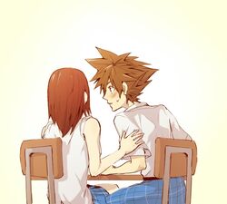  1boy 1girl blush brown_hair chair closed_mouth commentary_request kairi_(kingdom_hearts) kingdom_hearts kingdom_hearts_ii pants plaid plaid_pants plaid_skirt ramochi_(auti) redhead school_uniform short_hair simple_background skirt sora_(kingdom_hearts) table 