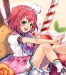  1girl :d absurdres beniko08 bloomers blurry blurry_background blush bobby_socks commentary_request double_bun food frills fruit green_eyes hair_ornament hairband hat highres holding holding_fruit knees_up kurosawa_ruby love_live! love_live!_sunshine!! neckerchief open_mouth pink_neckwear redhead short_hair short_sleeves sitting skirt smile sock_garters socks solo star star_hair_ornament strawberry two_side_up underwear w x_hair_ornament 