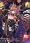  1girl animal_ears balusah bare_shoulders bow breasts brown_eyes cleavage commentary_request detached_collar fate/grand_order fate_(series) fox_ears fox_tail full_moon hair_bow head_tilt japanese_clothes kimono lantern large_breasts light_smile long_hair moon off_shoulder pink_hair solo tail tamamo_(fate)_(all) tamamo_no_mae_(fate) very_long_hair 