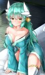  1girl absurdres arm_support bangs bare_shoulders blue_kimono blush breasts cleavage closed_mouth collarbone commentary_request dragon_horns eyebrows_visible_through_hair fate_(series) green_hair hair_between_eyes hair_ornament highres horns indoors japanese_clothes kimono kiyohime_(fate/grand_order) large_breasts leaning_forward long_hair long_sleeves looking_at_viewer moyoron off_shoulder shiny shiny_hair sitting smile solo thigh-highs very_long_hair white_legwear wide_sleeves yellow_eyes 