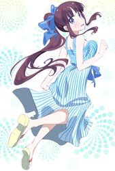  1girl blue_bow blue_eyes bow brown_hair dress floating_hair full_body hair_bow highres long_hair looking_at_viewer looking_back new_game! open_mouth pink_x ponytail simple_background sleeveless sleeveless_dress solo striped sundress tooyama_rin vertical-striped_dress vertical_stripes very_long_hair white_background 