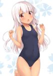  1girl bangs blue_background blue_swimsuit blunt_bangs covered_navel cowboy_shot flat_chest floral_background hair_ribbon karutamo kicchin_(karutamo) long_hair looking_at_viewer one-piece_tan open_mouth original red_eyes ribbon school_swimsuit silver_hair solo standing standing_on_one_leg swimsuit tan tanline tress_ribbon 
