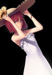  1girl absurdres bare_shoulders blue_eyes boa_(brianoa) bracelet dress flower hands_up hat hat_flower highres hisui jewelry looking_at_viewer redhead smile solo straw_hat sun_hat sundress sunflower tsukihime white_dress 