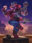  1boy alternate_costume barefoot blue_eyes bracelet dancing elephant elephant_ears extra_arms fat fat_man flower food furry ganesha_(smite) hat highres horns jewelry male_focus mouse official_art shirtless sky smite solo tattoo weapon 