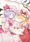  2girls bat_wings bed_sheet blonde_hair blue_hair closed_eyes commentary flandre_scarlet hand_holding hat lying minust mob_cap multiple_girls nail_polish on_side pillow puffy_short_sleeves puffy_sleeves red_nails remilia_scarlet short_sleeves skirt skirt_set sleeping touhou wings wrist_cuffs 