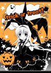  1girl :p amae_koromo black_background bow candy chocolate_bar english food ghost hair_bow halloween halloween_costume hat holding holding_hat nanase_miori orange_background pumpkin saki smile solo star tongue tongue_out trick_or_treat witch witch_hat 