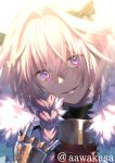  1boy astolfo_(fate) backlighting bangs black_bow black_gloves black_ribbon bow braid commentary_request crossed_bangs dent eyebrows_visible_through_hair eyes_visible_through_hair fate/apocrypha fate_(series) fur_collar gauntlets gloves hair_between_eyes hair_bow hair_intakes hair_over_shoulder hair_ribbon hand_up head_tilt light_particles light_rays long_hair looking_at_viewer male_focus open_mouth pink_eyes pink_hair ribbon ryuuki_(hydrangea) sidelocks single_braid smile solo trap twitter_username upper_body white_background 