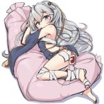  1girl absurdres bandage bandaged_feet bandaged_leg bangs bare_shoulders blue_dress blue_eyes blush breasts closed_mouth commentary dress eyebrows_visible_through_hair girls_frontline hair_between_eyes highres long_hair looking_at_viewer ohshit pillow pillow_hug ribeyrolles_1918_(girls_frontline) short_sleeves silver_hair sleeveless sleeveless_dress small_breasts solo thighs very_long_hair white_background wide_sleeves 