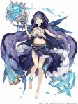  1girl anklet aqua_eyes barefoot bracelet breasts eyebrows_visible_through_hair fins full_body holding holding_staff hood jewelry jino large_breasts loincloth long_hair midriff navel ningyo_hime_(sinoalice) official_art purple_hair sinoalice solo staff very_long_hair water white_background 