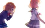  2girls :d ahoge bangs beniko08 blazer blue_eyes bow bowtie commentary from_behind grey_skirt hair_bow hair_ornament hairclip hand_to_own_mouth highres jacket kousaka_honoka leaning_forward long_sleeves love_live! love_live!_school_idol_project love_live!_sunshine!! multiple_girls neckerchief one_side_up open_mouth orange_hair otonokizaka_school_uniform plaid plaid_skirt pleated_skirt red_neckwear school_uniform serafuku short_hair short_sleeves simple_background skirt smile striped_neckwear takami_chika uranohoshi_school_uniform white_background yellow_bow 
