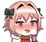  1boy astolfo_(fate) black_bow blush bow braid breath cape chibi chinese dyxm empty_eyes fang fate_(series) fur-trimmed_cape fur_trim hair_bow hair_intakes long_hair male_focus no_nose open_mouth pink_eyes pink_hair single_braid solo trap white_background 