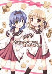  2girls :3 black_hairband black_legwear blonde_hair bow brown_eyes cookie dress fang food furutani_himawari gingerbread_man hairband hand_on_hip heart holding_another&#039;s_arm japanese multiple_girls nanase_miori oomuro_sakurako open_mouth outstretched_arm pink_bow pink_ribbon pleated_dress pointing polka_dot polka_dot_background ribbon sailor_collar school_uniform short_sleeves smile star sweat sweatdrop title yellow_eyes yuru_yuri 