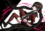  1girl black_hair dangan_ronpa hair_ornament hair_scrunchie harukawa_maki holding holding_knife knife kurokku-tokei long_hair mole mole_under_eye new_dangan_ronpa_v3 official_style red_eyes red_legwear school_uniform scrunchie serafuku solo thigh-highs twintails 