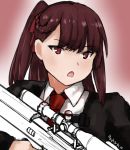  1girl artist_request blazer blush braid bullpup commentary formal french_braid girls_frontline gun hair_ribbon jacket long_hair looking_at_viewer necktie one_side_up open_mouth ponytail red_eyes redhead ribbon rifle shibafu_(glock23)_(style) shirt sidelocks sniper_rifle solo suit trigger_discipline very_long_hair wa2000_(girls_frontline) walther walther_wa_2000 weapon white_shirt 