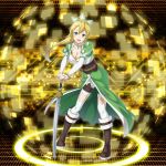  1girl :d absurdres blonde_hair boots bracelet breasts brown_footwear cape choker cleavage collarbone detached_sleeves floating_hair forest full_body green_cape green_eyes hands_on_hilt high_ponytail highres jewelry knee_boots large_breasts leafa leaning_forward long_hair nature open_mouth saber_(weapon) shorts smile solo standing sword sword_art_online thigh-highs waist_cape weapon white_legwear white_shorts 