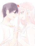  1boy 1girl bangs black_hair blush closed_eyes commentary_request couple darling_in_the_franxx eyebrows_visible_through_hair face-to-face facing_another forehead-to-forehead green_eyes hair_ornament hairband hand_holding hetero hiro_(darling_in_the_franxx) horns interlocked_fingers long_hair looking_at_another nightgown oni_horns oroneko pajamas pink_hair red_horns short_hair white_hairband zero_two_(darling_in_the_franxx) 