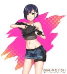  1girl artist_name asymmetrical_hair bare_shoulders belt blue_eyes collarbone commentary cowboy_shot cowfee darling_in_the_franxx english_commentary green_eyes groin gun hair_ornament hairclip highres holding holding_gun holding_weapon holster ichigo_(darling_in_the_franxx) kriss_vector looking_at_viewer midriff navel short_hair short_shorts shorts simple_background solo submachine_gun thigh_holster watermark weapon 