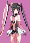  1girl bangs bare_shoulders black_hair blunt_bangs blush breasts commentary_request covered_navel elbow_gloves gauntlets gloves gluteal_fold leotard long_hair looking_at_viewer multicolored_leotard pink_eyes pink_gloves pink_legwear purple_background senki_zesshou_symphogear shiny shiny_hair shiny_skin simple_background skirt small_breasts solo standing tamahiyo thigh-highs tsukuyomi_shirabe twintails 
