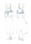  1girl adapted_costume ahoge artoria_pendragon_(all) blonde_hair braid commentary_request dress fate/stay_night fate_(series) hair_bun highres ichiren_namiro looking_at_viewer looking_back multiple_views neckerchief profile saber shoes simple_background walking white_background white_dress 