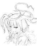  1girl asymmetrical_horns bags_under_eyes eyebrows_visible_through_hair greyscale jaco long_hair looking_at_viewer monochrome original parted_lips simple_background sketch smile solo white_background 