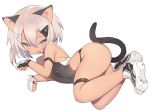  1girl :d animal_ears ass bangs bare_shoulders black_gloves black_leotard blade_(galaxist) blush brown_eyes cat_ears cat_girl cat_tail commentary_request copyright_request dark_skin eyebrows_visible_through_hair fang fingerless_gloves full_body gloves hair_between_eyes hair_ornament leotard open_mouth paw_pose paw_shoes shoe_soles shoes short_hair silver_hair smile solo tail thigh_strap white_footwear 