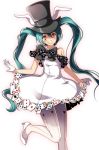  1girl ace_of_diamonds ace_of_spades animal_ears aqua_hair bare_shoulders black_bow black_hat blush bow card checkered checkered_bow checkered_dress club_(shape) commentary_request diamond_(shape) dress gloves hat hatsune_miku heart high_heels long_hair looking_at_viewer orange_eyes pantyhose playing_card rabbit_ears smile solo spade_(shape) standing standing_on_one_leg top_hat tsukishiro_saika twintails vocaloid white_dress white_footwear white_gloves 