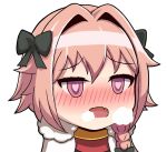  1boy astolfo_(fate) black_bow blush bow braid breath cape chibi chinese dyxm fang fate_(series) fur-trimmed_cape fur_trim hair_bow hair_intakes heart heart-shaped_pupils long_hair male_focus no_nose open_mouth pink_eyes pink_hair single_braid solo symbol-shaped_pupils trap white_background 