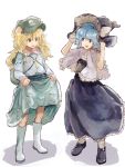  2girls alternate_hairstyle bionekojita blonde_hair blue_hair boots braid cosplay costume_switch hat kawashiro_nitori kirisame_marisa multiple_girls open_mouth rubber_boots single_braid skirt_hold smile touhou traditional_media watercolor_(medium) white_background witch_hat 