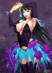  1girl ariverkao arm_up armpits black_hair breasts cleavage crystal dated detached_sleeves dress flower garter_straps hair_flower hair_ornament large_breasts lips long_hair looking_at_viewer open_mouth original signature solo thigh-highs violet_eyes 
