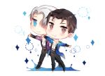  2boys black_hair blue_eyes brown_eyes chibi collared_shirt epaulettes hair_slicked_back hand_on_another&#039;s_hip ice_skates katsuki_yuuri male_focus multiple_boys pants shirt silver_hair skates smile sparkle taoi_bianshenbang viktor_nikiforov yuri!!!_on_ice 