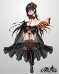  1girl bangs black_hair black_legwear black_panties blush book bow breasts cleavage cleavage_cutout commentary_request dress erect_nipples eyebrows_visible_through_hair fingernails full_body garter_belt garter_straps gradient gradient_background hair_bow highres holding large_breasts lips long_hair long_skirt looking_at_viewer nail_polish official_art open_book panties parted_lips puffy_sleeves red_eyes ribbon_trim see-through shimashima08123 shoes short_sleeves skirt smile solo standing tokyo_exe_girls underwear wrist_cuffs 