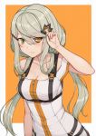  1girl absurdres adjusting_hair arm_at_side artificial_eye bangs bare_shoulders blush braid breasts buckle cleavage closed_mouth collarbone dress eyebrows_visible_through_hair girls_frontline green_eyes hair_ornament hairclip harness heterochromia highres huge_filesize leaning_forward long_hair looking_at_viewer low_twintails medium_breasts orange_background outside_border short_dress sidelocks simple_background solo strap strapless strapless_dress symbol-shaped_pupils tac-50_(girls_frontline) terras twintails upper_body yellow_eyes zipper 