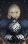  1girl armor armored_dress artoria_pendragon_(all) bangs black_gloves blonde_hair breastplate eyebrows_visible_through_hair facing_viewer fate/grand_order fate/stay_night fate_(series) gauntlets gloves green_eyes hair_bun hand_holding highres looking_at_viewer marumoru puffy_sleeves saber 