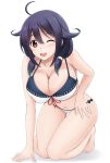  1girl ahoge barefoot bikini breasts cleavage fuuma_nagi hair_flaps hair_over_shoulder kantai_collection kneeling large_breasts looking_at_viewer low_twintails one_eye_closed open_mouth purple_hair red_eyes simple_background smile solo swimsuit taigei_(kantai_collection) thigh_gap twintails white_background white_bikini 