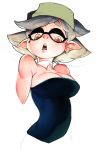  1girl aori_(splatoon) bare_shoulders breasts cleavage detached_collar domino_mask earrings fang half-closed_eyes jewelry large_breasts mask mole mole_under_eye open_mouth pointy_ears roropull silver_hair simple_background sketch splatoon strapless tentacle_hair white_background yellow_eyes 