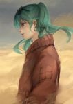  1girl blue_eyes brown_coat closed_mouth coat earrings expressionless eyebrows_visible_through_hair eyewear_on_head from_side green_hair hatsune_miku jewelry long_hair long_sleeves looking_away sketch solo stellarism suna_no_wakusei_(vocaloid) sunglasses twintails upper_body vocaloid 