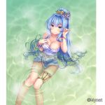  1girl bare_shoulders bathing blue_eyes blue_hair blush breasts cao_(sanguko_infinity) cleavage feet_out_of_frame floral_print hair_ornament hand_up highres large_breasts long_hair looking_at_viewer official_art otosume_ruiko ponytail sangoku_infinity scrunchie sitting smile solo towel very_long_hair water wet wrist_scrunchie wristband 