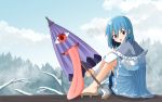  1girl :o alternate_costume arm_on_knee bangs blouse blue_eyes blue_hair blue_skirt blue_sky blush capelet clouds commentary_request day eyebrows_visible_through_hair fingernails forest geta hair_between_eyes heterochromia highres holding holding_umbrella isetan_mashira karakasa_obake knees_up long_sleeves looking_at_viewer nature open_mouth outdoors pleated_skirt red_eyes short_hair sitting skirt sky snow solo tatara_kogasa tongue tongue_out touhou tree_branch umbrella white_blouse 