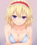  1girl alice_margatroid bangs bare_arms bare_shoulders bikini_top blonde_hair blue_bikini_top blue_eyes blush breast_hold breasts cleavage closed_mouth collarbone commentary_request front-tie_top gradient gradient_background hair_between_eyes hairband hand_on_own_arm looking_at_viewer medium_breasts miyo_(ranthath) pink_background purple_background red_hairband short_hair solo sweatdrop touhou upper_body 