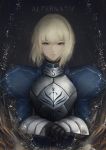  1girl armor armored_dress artoria_pendragon_(all) bangs black_background black_gloves blonde_hair blue_dress braid breastplate closed_mouth commentary_request dress eyebrows_visible_through_hair fate/stay_night fate_(series) gauntlets gloves green_eyes hair_between_eyes hands_on_hilt highres juliet_sleeves long_sleeves looking_at_viewer marumoru own_hands_together puffy_sleeves saber upper_body 