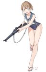  1girl alternate_costume blue_eyes blue_sailor_collar blue_swimsuit brown_hair cosplay full_body gun intrepid_(kantai_collection) kantai_collection kawashina_(momen_silicon) leaning_forward m1903_springfield neckerchief ponytail rifle ro-500_(kantai_collection) ro-500_(kantai_collection)_(cosplay) sailor_collar sandals school_swimsuit shirt short_hair simple_background solo swimsuit weapon white_background white_neckwear white_shirt 