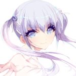  1girl absurdres bangs ears_visible_through_hair eyebrows_visible_through_hair highres looking_at_viewer misteor original outstretched_hand purple_hair short_hair smile solo violet_eyes white_background 