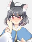  1girl ahoge animal_ears bangs blue_capelet blush capelet eyebrows eyebrows_visible_through_hair facing_viewer fingernails gradient gradient_background grey_hair hair_between_eyes hand_on_another&#039;s_head long_fingernails looking_at_viewer mouse_ears nazrin nose_blush open_mouth ougi_hina pov red_eyes short_hair solo_focus touhou upper_body 