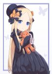  1girl abigail_williams_(fate/grand_order) absurdres bangs black_bow black_dress black_hat blonde_hair blue_eyes bow bug butterfly closed_mouth commentary_request denkouseka_akaiken dress eyebrows_visible_through_hair fate/grand_order fate_(series) forehead hair_bow hands_up hat head_tilt highres insect long_hair long_sleeves looking_at_viewer object_hug orange_bow parted_bangs polka_dot polka_dot_bow sleeves_past_fingers sleeves_past_wrists solo stuffed_animal stuffed_toy teddy_bear very_long_hair 