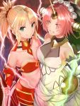  2girls asymmetrical_docking blonde_hair blue_eyes breast_press breasts bridal_veil choker cleavage clenched_teeth collarbone dress elbow_gloves electricity eyebrows_visible_through_hair eyes_visible_through_hair fate/apocrypha fate_(series) flower frankenstein&#039;s_monster_(fate) gloves green_eyes hair_flower hair_ornament hair_over_one_eye hair_scrunchie hand_on_another&#039;s_hip head_wreath heterochromia highres holding holding_sword holding_weapon horn long_hair medium_breasts mordred_(fate) mordred_(fate)_(all) multiple_girls pink_hair ponytail red_scrunchie reuri_(tjux4555) scrunchie see-through short_hair sleeveless sleeveless_dress smile standing stomach swimsuit sword teeth under_boob veil weapon wedding_dress white_dress white_flower white_gloves yellow_eyes 