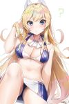  1girl :o ? arm_support ass azur_lane bangs bikini blonde_hair blue_eyes blush breasts cleavage collarbone commentary_request cravat eyebrows_visible_through_hair front-tie_bikini front-tie_top glorious_(azur_lane) hair_between_eyes hair_ornament hair_tousle hand_in_hair knee_up large_breasts long_hair looking_at_viewer navel panties pantyshot parted_lips sidelocks simple_background sitting solo swimsuit underwear upskirt white_background yayoichi_(yoruyoru108) 