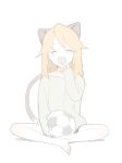 1girl animal_ears ball bangs barefoot blonde_hair blush cat_ears cat_tail closed_eyes commentary_request doremi facing_viewer grey_shirt hand_up idolmaster idolmaster_cinderella_girls indian_style korean_commentary long_hair long_sleeves shirt simple_background sitting sleeves_past_wrists soccer_ball solo tail tears white_background yawning yuuki_haru 