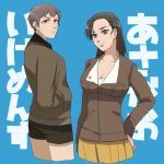  2girls asymmetrical_bangs background_text bangs black_hair black_shorts blue_background breasts brown_eyes brown_hair brown_jacket cleavage closed_mouth cowboy_shot cropped_legs freckles from_side girls_und_panzer hand_on_hip hands_in_pockets hao_(udon) jacket large_breasts light_frown long_hair long_sleeves looking_at_viewer military military_uniform miniskirt multiple_girls naomi_(girls_und_panzer) nishi_kinuyo pleated_skirt saunders_military_uniform shirt short_hair shorts skirt standing translation_request uniform very_short_hair white_shirt yellow_skirt 