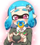  1girl bangs blue_hair blunt_bangs blush bow cardigan collared_shirt domino_mask eromame eyebrows green_bow hair_ornament hairclip heart heart-shaped_pupils heart_hands inkling long_sleeves looking_at_viewer mask pacifier pink_eyes pointy_ears shirt short_hair solo splatoon splatoon_2 striped striped_bow striped_neckwear symbol-shaped_pupils tentacle_hair upper_body white_shirt 