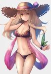  1girl bare_shoulders big_hair bikini blonde_hair breasts cleavage commentary_request copyright_request grey_background hair_between_eyes hand_up hat inaba_sunimi large_breasts legs_together long_hair looking_at_viewer navel red_bikini red_eyes simple_background smile solo standing straw_hat swimsuit wristband 